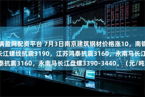 满盈网配资平台 7月3日南京建筑钢材价格涨10，南钢3250永钢3260，马长江螺纹抗震3190，江苏鸿泰抗震3160，永南马长江盘螺3390-3440。（元/吨）