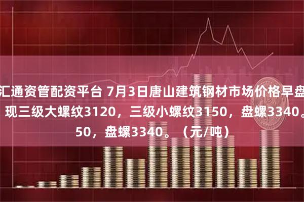汇通资管配资平台 7月3日唐山建筑钢材市场价格早盘涨10-20，现三级大螺纹3120，三级小螺纹3150，盘螺3340。（元/吨）
